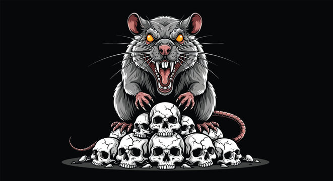 Fierce Rat Sitting on Pile of Skulls Illustration.
