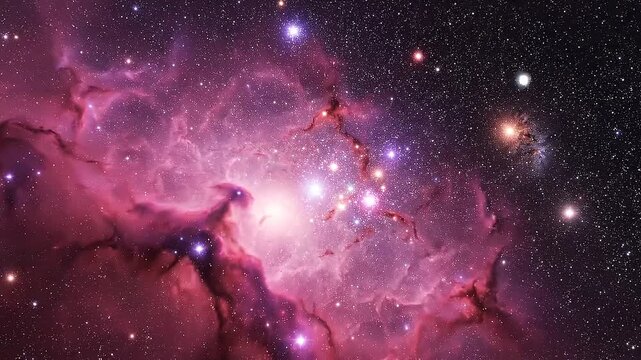 Vibrant Pink and Purple Nebula Swirls with Distant Stars and Bright Galactic Core in Deep Space Cosmos
