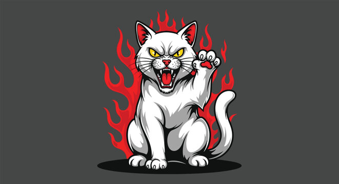 Fierce White Cat with Glowing Eyes and Flames Illustration 1.