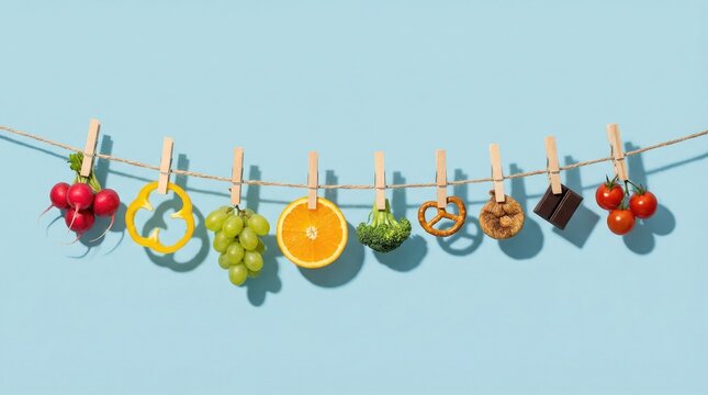 Assorted fresh fruits, vegetables, and snacks hanging from a clothesline on a light blue background, including grapes, orange slices, broccoli, and tomatoes