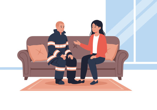 A firefighter debriefs with a partner on a sofa, offering support and care.  Warm colors and a relaxed setting convey empathy and professionalism.