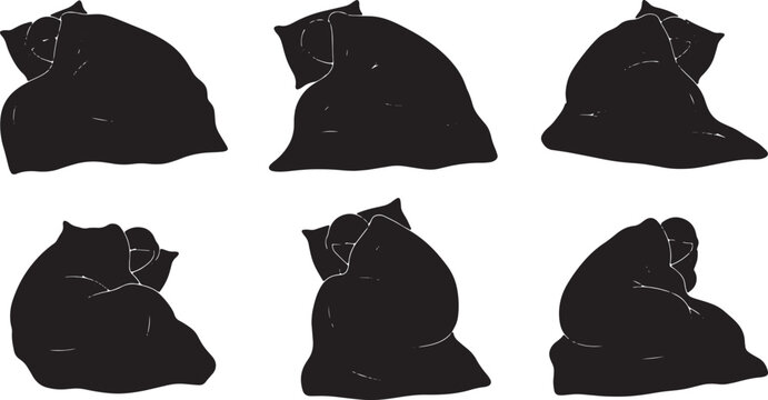 Black Solid Heavy Blanket Sleeping Silhouettes Set of Six on White Background