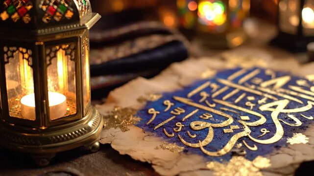 Ornate lantern with candle and golden Arabic calligraphy on aged paper