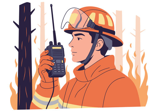 A firefighter uses a radio in a fiery forest scene. Clear communication, fire safety, and a focused professional. Bold orange and red tones.