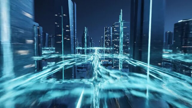 Aerial view of a futuristic smart city at night with glowing data streams. Hyper-connected urban network and high-speed internet concept. Fast drone flight through digital metropolis