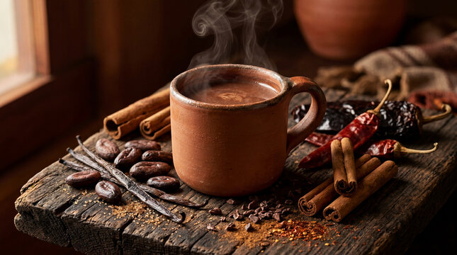 Inviting warmth of traditional Mexican chocolate brewing, surrounded by fragrant vanilla, cinnamon, and fiery chiles on a vintage tabletop
