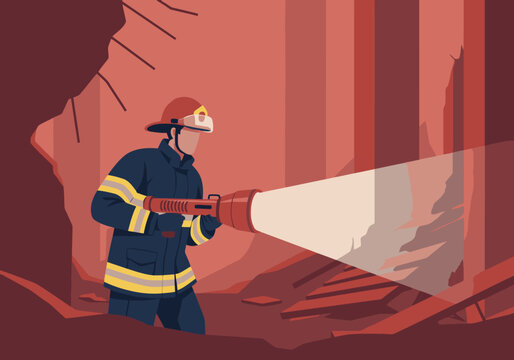 A firefighter uses a flashlight to search ruins, highlighting safety and rescue efforts. Dramatic lighting and detailed textures create a compelling visual.