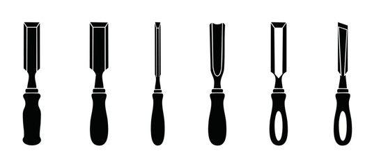 Woodworking Chisel Set Vector Icons for Carpentry and Wood Carving Tools, Professional Hand Tools Collection for Construction and Joinery Projects, Isolated Black Silhouette Design Elements on White B © Dinali