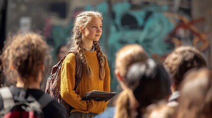 Fototapeta premium Young blonde girl with braided hair holding a tablet standing among other people with a graffiti wall in the background