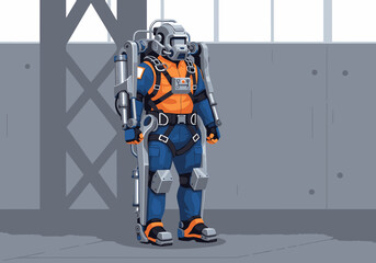 A futuristic exoskeleton rescue tech gear operator stands in a hangar. The detailed suit showcases advanced technology and a professional rescue role. Modern, industrial setting. © Vector Factory