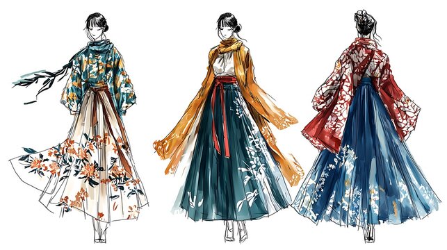 Three fashion illustrations of women in elegant flowing traditional attire with floral and abstract patterns