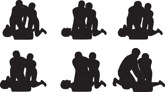 Black Solid Human And Robot CPR Medical Training Silhouettes Set of Six on White Background