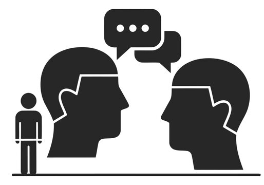 Icon depicting a mental health debriefing session with three heads engaged in conversation, centered around a single figure. Clean, modern design.