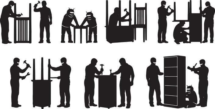 Black Solid Human And Robot Furniture Assembly Silhouettes Set of Six on White Background