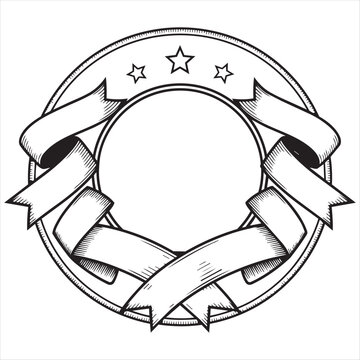 Circular badge or emblem frame with banners and stars outline illustration hand drawn black and white circular illustration copy space achievement recognition template