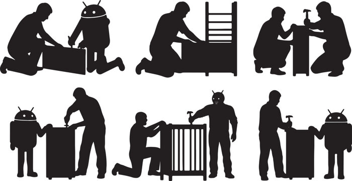 Black Solid Human And Robot Furniture Assembly Silhouettes Set of Six on White Background
