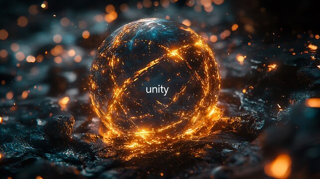 Glowing sphere with interwoven lines and bright sparks text 'unity' visible on surface