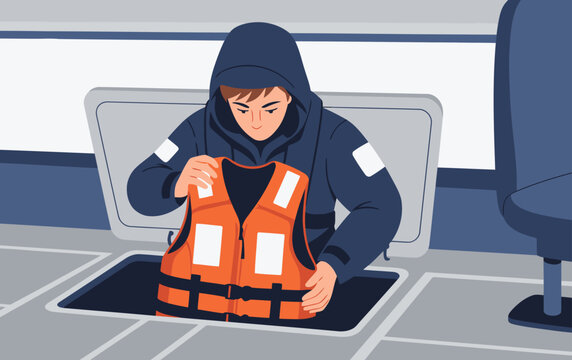 A young man stows a life jacket in a boat locker. Clear, bright illustration showcasing safety procedures. Professional, informative, and visually appealing.