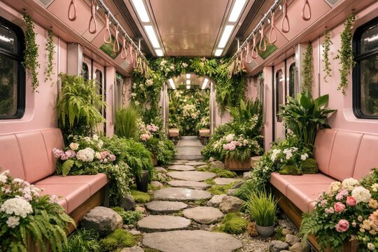 Interior of a pink subway train carriage decorated with a lush indoor garden, featuring stone stepping stones, hanging plants, and blooming flowers