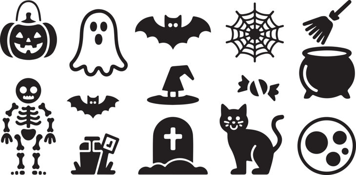 Set of black halloween featuring a jack-o'-lantern, ghost, bat, spider web, witch hat, skeleton, tombstone, black cat, cauldron with broom, candy, and a full moon on a white background