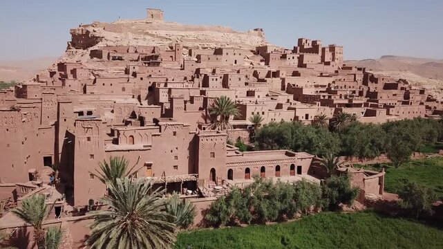 Scenic view of Ait Benhaddou kasbah with palm trees and green oasis at its base. Iconic UNESCO World Heritage site in Ouarzazate blending desert architecture and fertile landscape.
