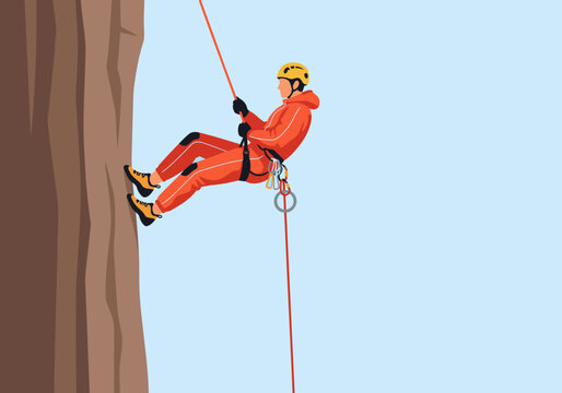 A rescue climber rappels down a mountain face, secured by a rope. Dynamic action shot, showcasing safety equipment and outdoor adventure. Professional, clear composition.