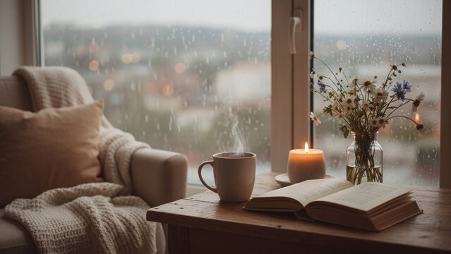 Steaming cup, open book, lit candle and a vase of flowers on a wooden table by a rainy window in a cozy living room, calm and relaxing rainy day lifestyle aesthetic