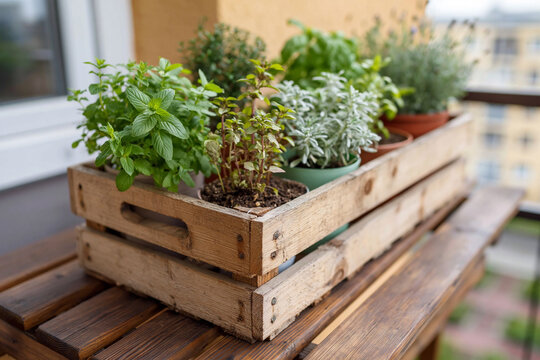 Fresh herbs in rustic wooden crate. Garden herbs sit beside window on wooden table. Natural light highlights vibrant green leaves. Perfect for health, cooking, or gardening themes