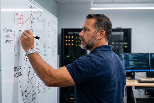 Man writing network attack path on whiteboard in server room
