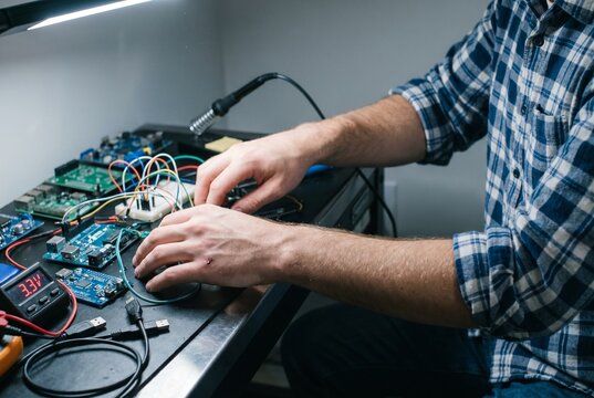 Person working with electronic circuit boards and cables on desk