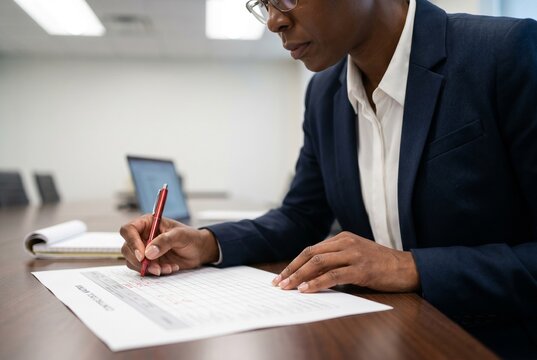 Woman writing on printed control matrix at office table close-up
