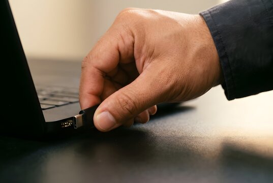 Hand plugging USB flash drive into black laptop close-up