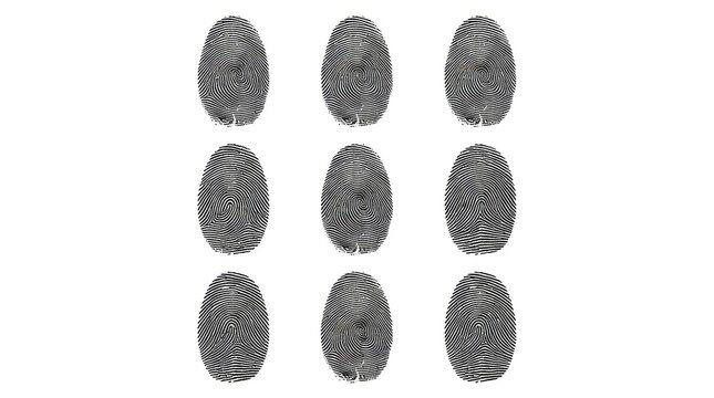 Nine black fingerprints are neatly arranged in a grid on a clean white background