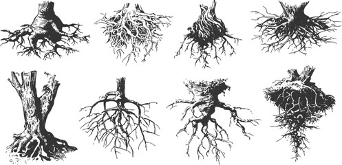 Detailed hand drawn tree roots and trunks sketch collection in vintage engraved style vector illustration. © Song Long