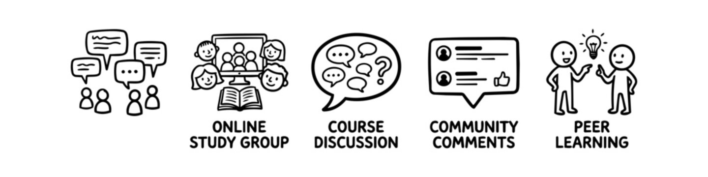 Set of minimalist hand-drawn icons for online education, including study group, course discussion, community comments, and peer learning on a white background.