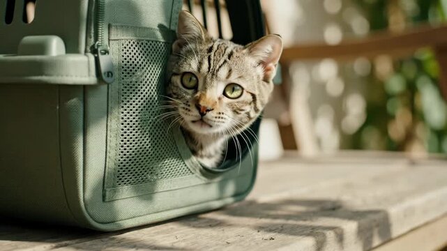 Cute tabby cat looking out of a green pet carrier on a wooden bench. Kitten waiting inside a transport bag outdoors. Pet adoption and shelter concept