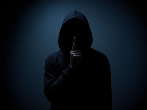 Person in a dark hoodie making a shushing gesture against a dark blue background