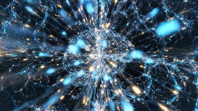 Close-up view of a luminous human brain model with intricate glowing blue and yellow neural pathways and energy sparks Keywords: brain, neural network, artificial intelligence