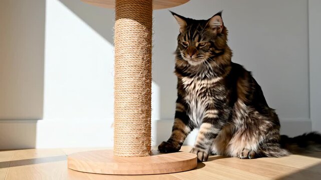 Maine Coon cat scratching a sisal post in a sunny room. Fluffy tabby pet sharpening claws on furniture. Pet adoption and shelter concept