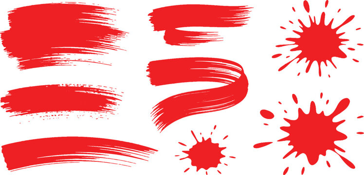 Dynamic red paint brush strokes swooshes and grunge ink splatters set isolated on white vector illustration.