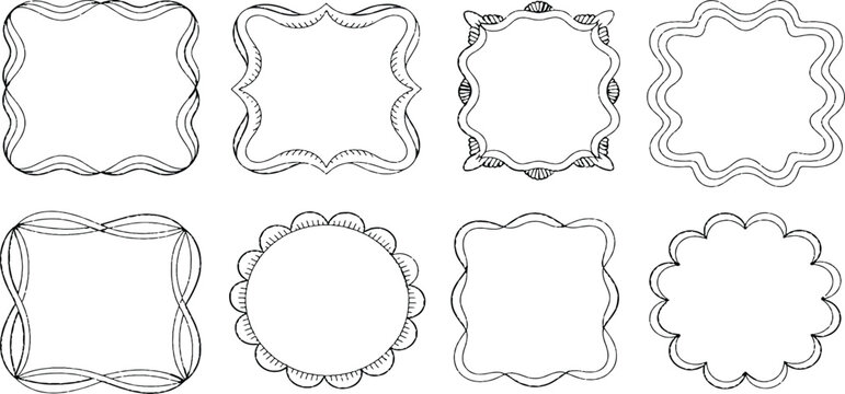 Set of hand drawn cute decorative doodle frames and borders with blank space vector illustration.