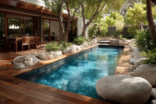 Beautiful pool is surrounded by natural stone, plants, and wooden decking. Showcase luxury living and backyard design for real estate or architecture.