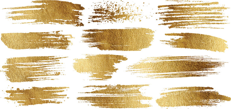 Realistic shiny gold foil paint brush strokes and metallic textured smear lines set vector illustration.