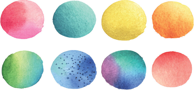 Collection of colorful painted watercolor circle textures and abstract round stains isolated on white vector illustration.