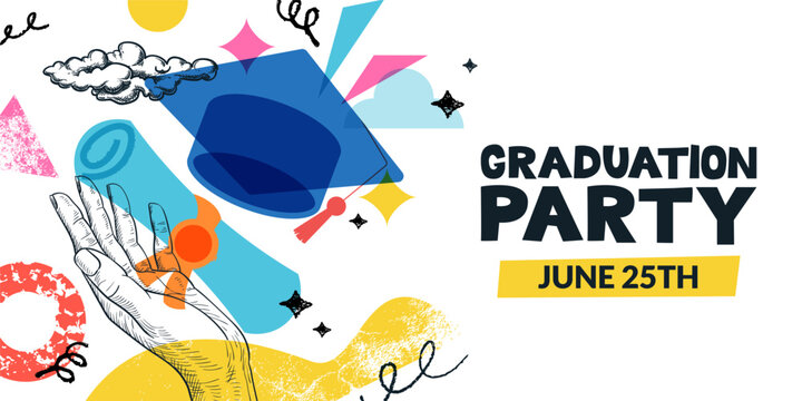 Graduation party invitation banner. Vector collage with sketch hand, diploma scroll and academic mortarboard hat