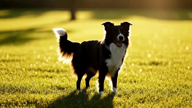 Happy Border Collie dog standing in a grassy field at sunset. Backlit pet portrait with golden hour lighting. Animal shelter and adoption concept