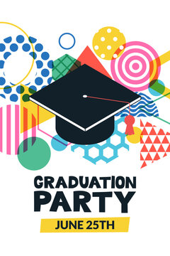Graduation party flyer or poster . Vector illustration with academic mortarboard hat on abstract geometric background