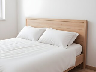 Obraz premium Minimalist bedroom interior with light wooden bed frame, clean white sheets and pillows, creating a serene and comfortable sleeping space