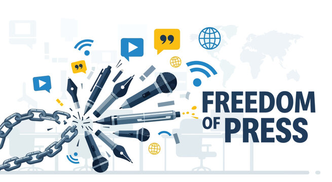 Dynamic illustration of press freedom, showing broken chains, journalism tools, communication icons, emphasizing independent media, global information flow