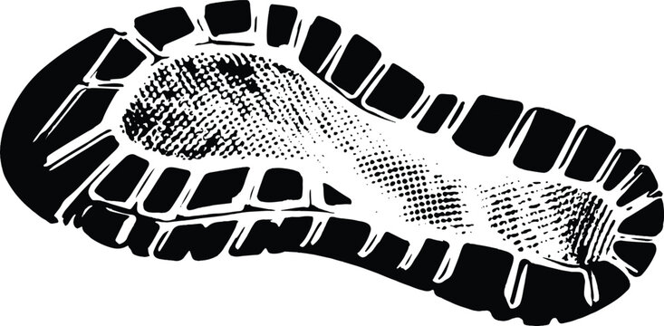 Black and white silhouette of a grunge textured shoe print boot sole tread track vector illustration.